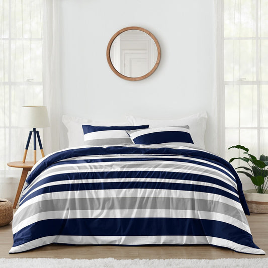 Sweet Jojo Designs 3-teiliges Bettdeckenset in Marineblau und Grau mit Streifen in Full-/Queen-Size