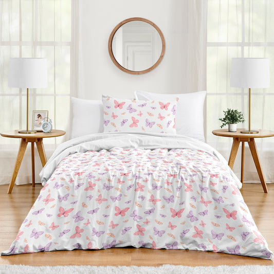 Sweet Jojo Designs 4-teiliges Bettdecken-Set im Shabby-Chic-Stil mit Schmetterlingsmotiv, für Doppelbetten, Rosa/Lila, bunte Schmetterlinge, Pastell-Aquarell