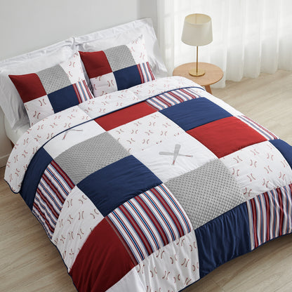 Sweet Jojo Designs 3-teiliges Bettdeckenset für Jungen in Full-/Queen-Size mit Baseball-Patch, Sportkollektion, Rot, Weiß und Blau
