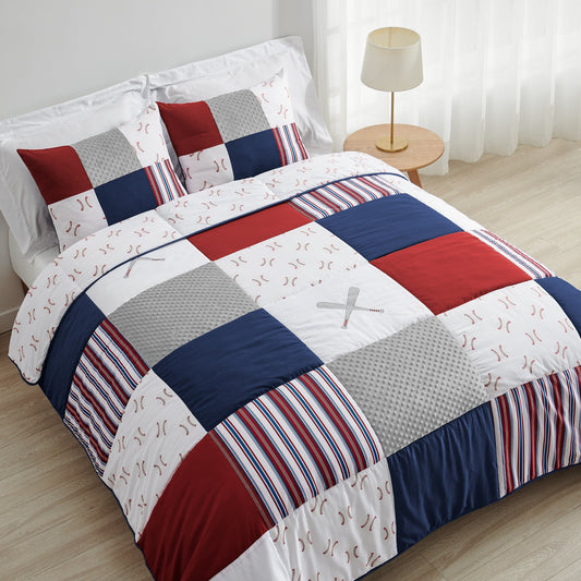 Sweet Jojo Designs 3-teiliges Bettdeckenset für Jungen in Full-/Queen-Size mit Baseball-Patch, Sportkollektion, Rot, Weiß und Blau