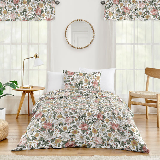 Sweet Jojo Designs Vintage Floral Boho Girl 2-teiliges Twin Bettdecken-Set, Blush Pink, Gelb, Grün, Weiß, Shabby Chic, Rose, Farmhouse