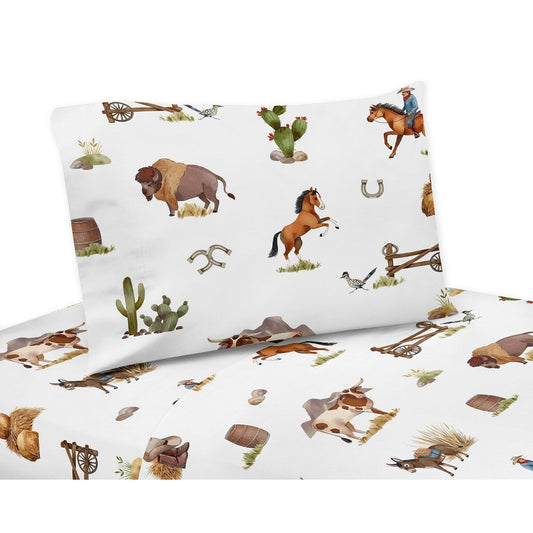 Sweet Jojo Designs Western Cowboy Boy 4-teiliges Queen-Bettwäsche-Set Wilder Westen Südstaaten-Charme Land Süden Pferd Stecher Kuh Bauernhof Tier