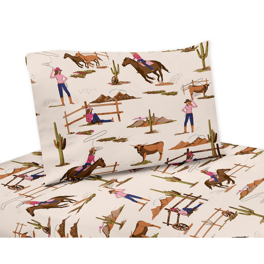 Sweet Jojo Designs Western Cowgirl Girl 4p Queen Bettlaken-Set Wilder Westen Vintage Country Retro Tier Pferd Südwesten Pink Blau Hellbraun