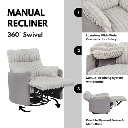 Swivel Recliner Chair with 360° Rotation and Manual Recline - Wide Plush Seat, Pillow-Top Arms, Pocket/Sinuous Springs