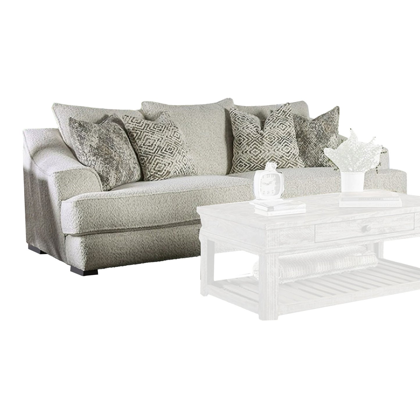 Syma Sofa, Ivory Boucle, 4 Throw Pillows, Sloped Track Arms, 102 Inch