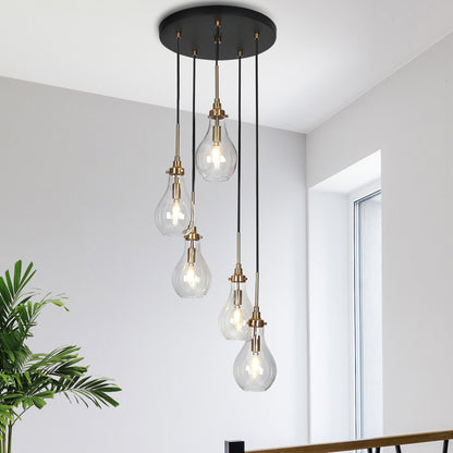 Synia Moderner 5-flammiger Cluster-Kronleuchter aus tropfenförmigem Glas, Pendelleuchte für Treppen und Eingangsbereiche, für hohe Decken – D 38,1 cm x H 46–188,9 cm