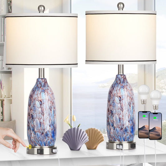 Tischlampe mit Nachtlicht 2in1 Indigoglas Lampenkörper Ladeanschlüsse AC-Steckdose Trommelschirm Touch-Dimmschalter (2er-Set)