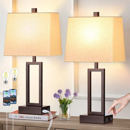 Tischlampen, braun-mattes Metall, beiger Schirm mit USB-Typ-C-Ladeanschlüssen, Wechselstromsteckdose, 3-Wege-Touch-Dimmschalter (2er-Set)
