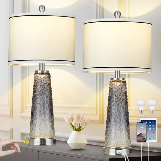 Tischlampen Nachtlicht 2in1 Glas Grau Ladeanschlüsse 2-Wege-Touch-Schalter (2er-Set) - 12'' x 12'' x 26'' (L x B x H)