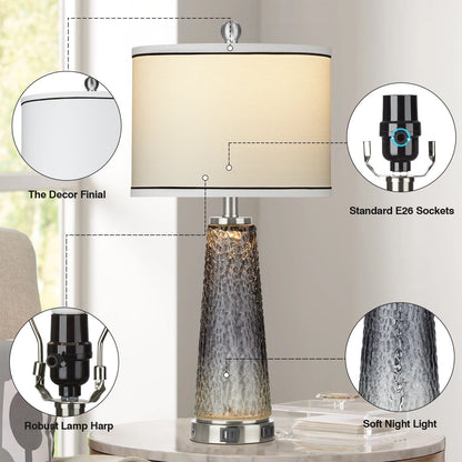 Tischlampen Nachtlicht 2in1 Glas Grau Ladeanschlüsse 2-Wege-Touch-Schalter (2er-Set) - 12'' x 12'' x 26'' (L x B x H)