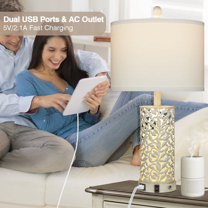 Tischlampen Nachtlicht 2in1 Weiß mit goldenem Metall USB-Anschlüsse AC-Steckdose Touch-Schalter (2er-Set)