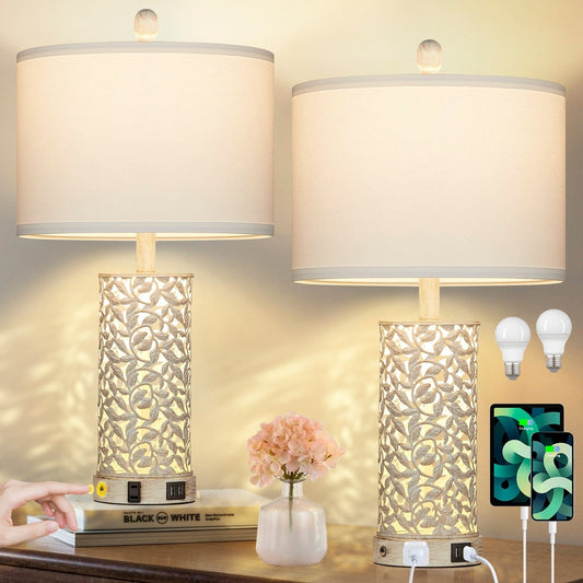 Tischlampen Nachtlicht 2in1 Weiß mit goldenem Metall USB-Anschlüsse AC-Steckdose Touch-Schalter (2er-Set)