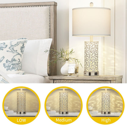 Tischlampen Nachtlicht 2in1 Weiß mit goldenem Metall USB-Anschlüsse AC-Steckdose Touch-Schalter (2er-Set)
