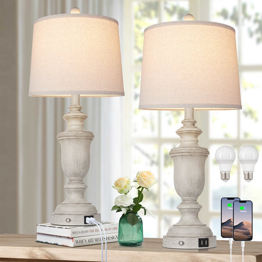 Weiße Tischlampen aus Kunstharz, USB-Ladeanschlüsse, 3-Wege-Touch-Schalter (2er-Set) – 12,5 x 12,5 x 25,6 Zoll (L x B x H)