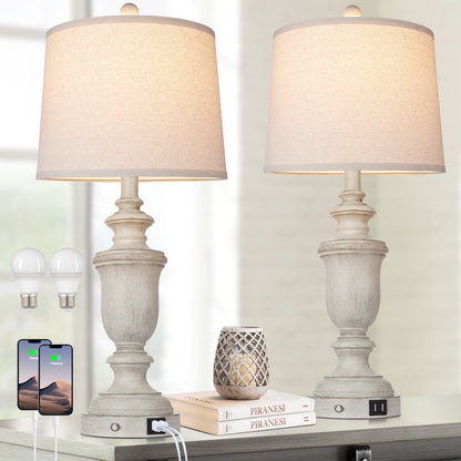 Weiße Tischlampen aus Kunstharz, USB-Ladeanschlüsse, 3-Wege-Touch-Schalter (2er-Set) – 12,5 x 12,5 x 25,6 Zoll (L x B x H)