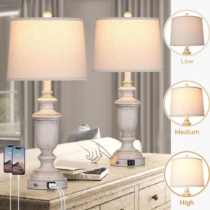 Weiße Tischlampen aus Kunstharz, USB-Ladeanschlüsse, 3-Wege-Touch-Schalter (2er-Set) – 12,5 x 12,5 x 25,6 Zoll (L x B x H)