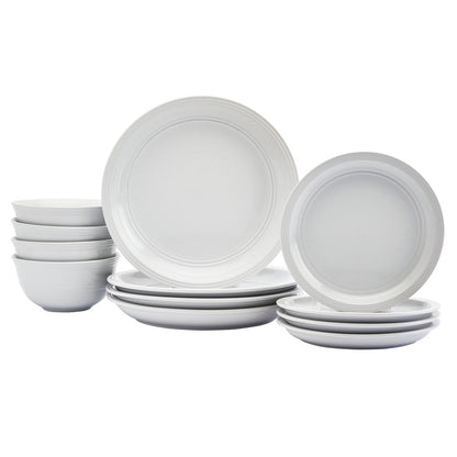 Tabletops Gallery Farmhouse 12-teiliges, rundes Tafelservice aus weißem Steingut – Service für 4 Personen