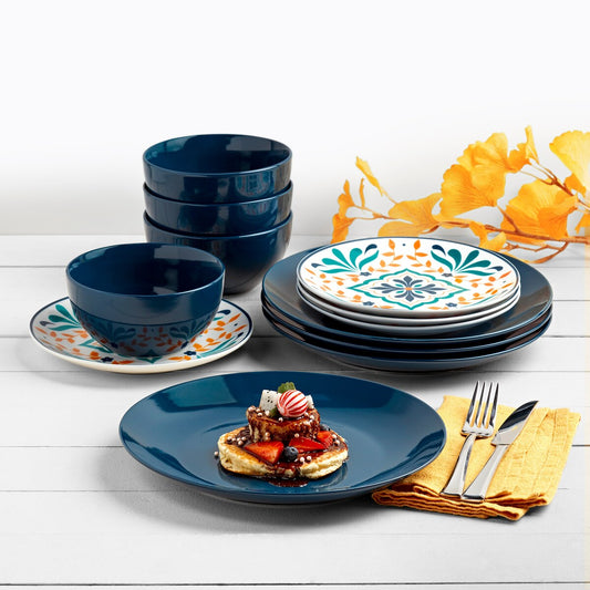 Tabletops Gallery Isabella 12-teiliges, rundes Geschirrset aus blauem Porzellan – Service für 4 Personen