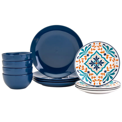 Tabletops Gallery Isabella 12-teiliges, rundes Geschirrset aus blauem Porzellan – Service für 4 Personen