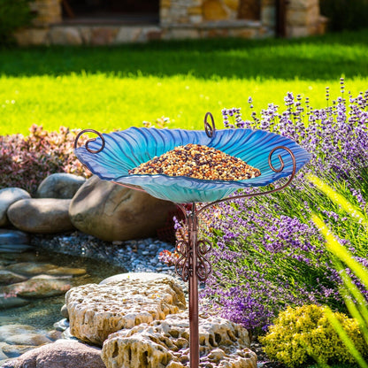 Hohes Vogelbad aus Glas, Vogelfutterspender mit Metallpfahl, für Garten, Hof, Außenbereich