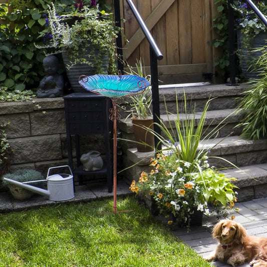 Hohes Vogelbad aus Glas, Vogelfutterspender mit Metallpfahl, für Garten, Hof, Außenbereich