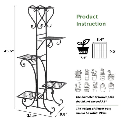 Hoher Pflanzenständer, 5-stufiges Pflanzenregal aus Eisen, Garten-Display-Rack für drinnen und draußen