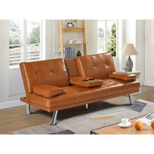 Hellbraunes 66-Sofa-Klappsofa mit silbernen Metallbeinen und Getränkehalter für das Wohnzimmer