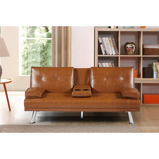 Tan Upholstered Loveseat Sofa Bed with Cup Holders