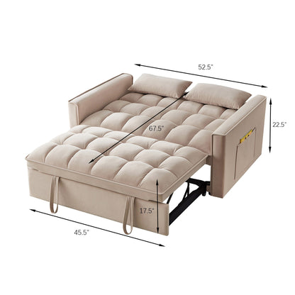 Taupe Modern 52.5 Velvet 4 in1 Loveseat Multi-Function Tufted Pull-Out Sofa Bed with Adjustable Backrest and Pillows