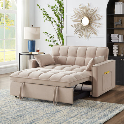 Taupe Modern 52.5 Velvet 4 in1 Loveseat Multi-Function Tufted Pull-Out Sofa Bed with Adjustable Backrest and Pillows