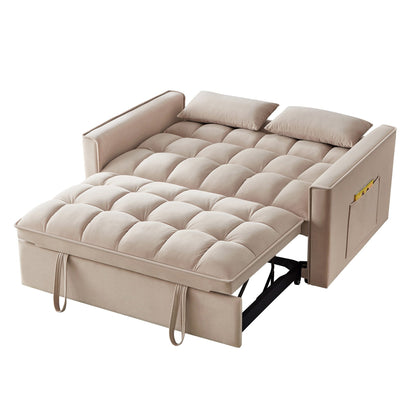 Taupe Modern 52.5 Velvet 4 in1 Loveseat Multi-Function Tufted Pull-Out Sofa Bed with Adjustable Backrest and Pillows