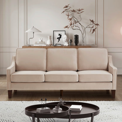 Taupe Modern 74 Velvet 3-seater Upholstered Sofa with Scooped Armrest and Removable Cushions for Living Room