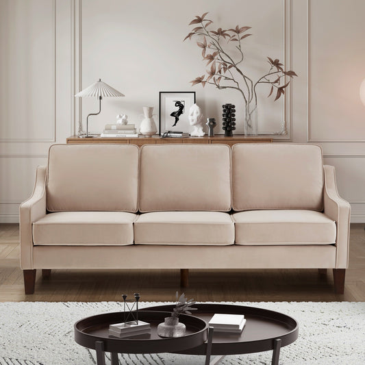 Taupe Modern 74 Velvet 3-seater Upholstered Sofa with Scooped Armrest and Removable Cushions for Living Room