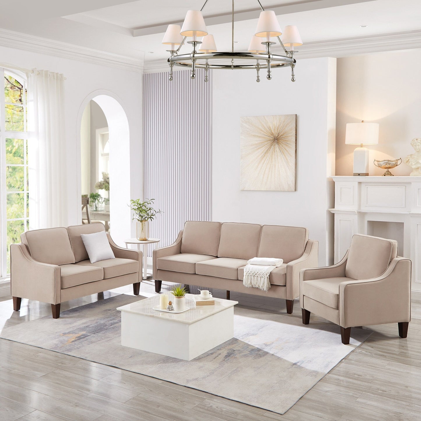 Taupe Velvet 3-seater Sofa with Scooped Armrest
