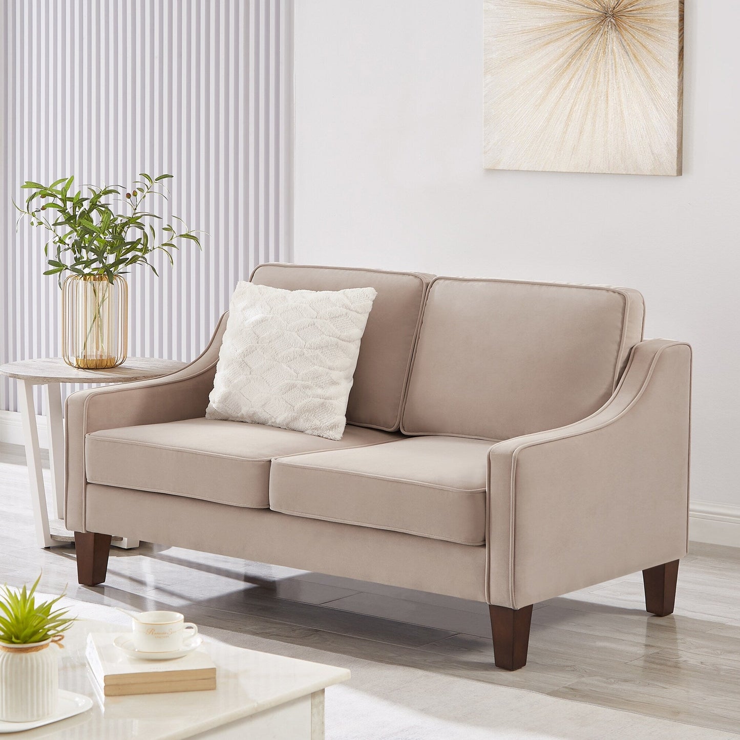 Taupe Velvet Loveseat Sofa with Scooped Armrest