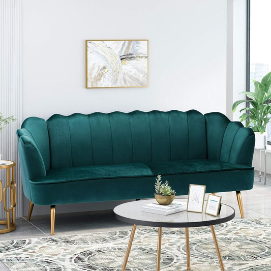 Teal 76.25 Velvet Channel Stitching 3-seater Sofa with Metal Legs for Living Room