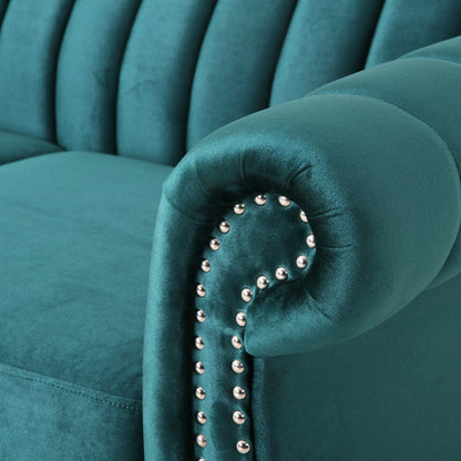 Tealfarbenes Chesterfield-Sofa mit Nagelköpfen und Beinen aus Birkenholz