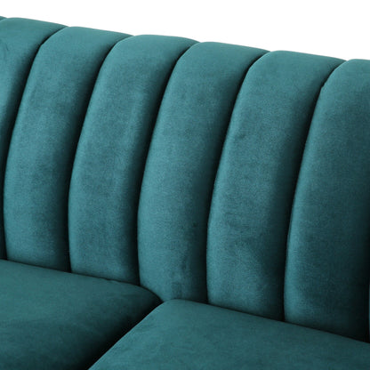 Tealfarbenes Chesterfield-Sofa mit Nagelköpfen und Beinen aus Birkenholz
