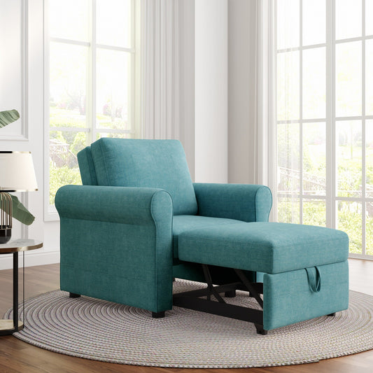 Teal Linen Convertible Single Sofa Bed with Adjustable Backrest