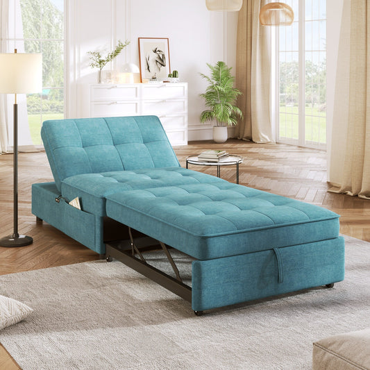 Teal Linen Ottoman Sofa Bed with Storage Pocket and USB Port