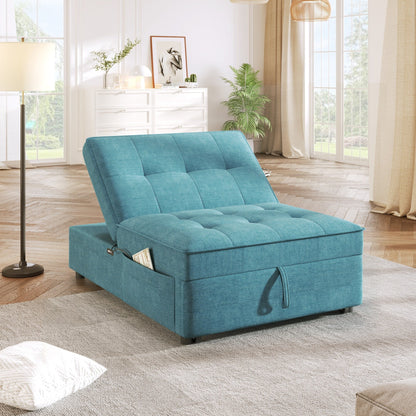 Teal Linen Ottoman Sofa Bed with Storage Pocket and USB Port