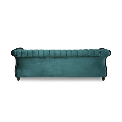 Teal Modern 84 Velvet 3-seater Rolled Arms Button Tufted Sofa with Nailhead Trim and Curved Backrest for Living Room