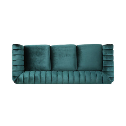 Teal Modern 84 Velvet 3-seater Rolled Arms Button Tufted Sofa with Nailhead Trim and Curved Backrest for Living Room