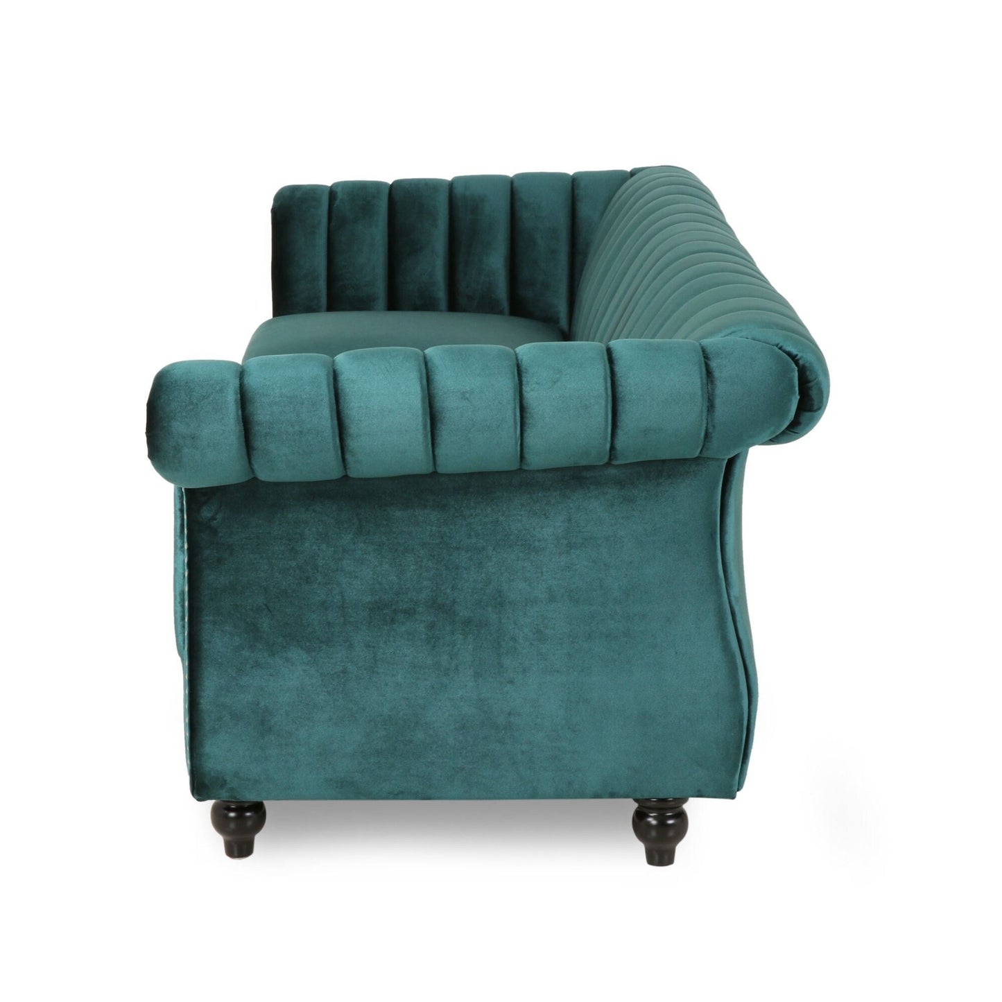 Teal Modern 84 Velvet 3-seater Rolled Arms Button Tufted Sofa with Nailhead Trim and Curved Backrest for Living Room