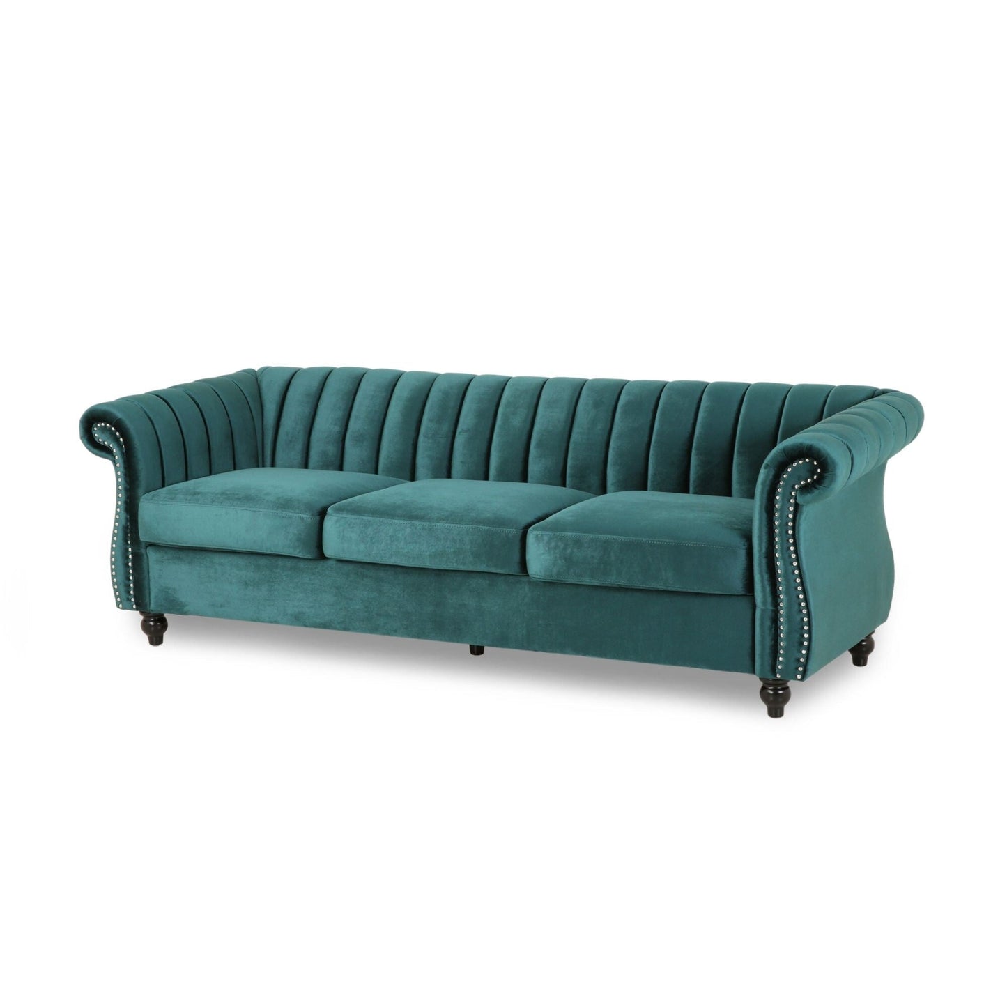 Teal Modern 84 Velvet 3-seater Rolled Arms Button Tufted Sofa with Nailhead Trim and Curved Backrest for Living Room
