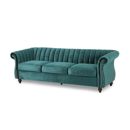 Teal Modern 84 Velvet 3-seater Rolled Arms Button Tufted Sofa with Nailhead Trim and Curved Backrest for Living Room