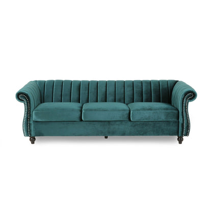 Teal Modern 84 Velvet 3-seater Rolled Arms Button Tufted Sofa with Nailhead Trim and Curved Backrest for Living Room