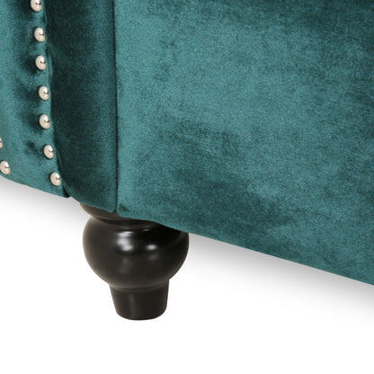 Teal Modern 84 Velvet 3-seater Rolled Arms Button Tufted Sofa with Nailhead Trim and Curved Backrest for Living Room