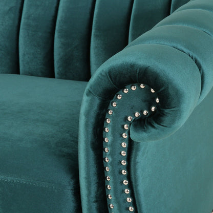 Teal Modern 84 Velvet 3-seater Rolled Arms Button Tufted Sofa with Nailhead Trim and Curved Backrest for Living Room