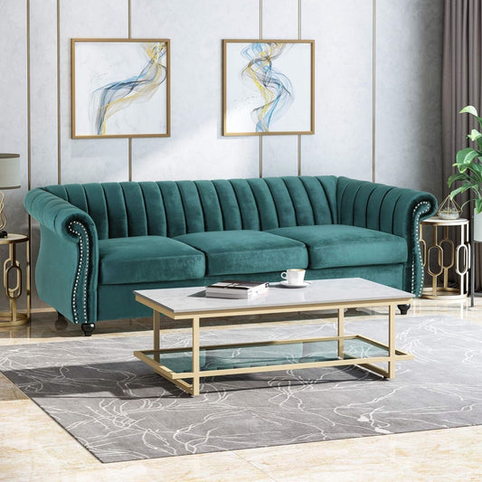 Teal Velvet 3-seater Rolled Arms Sofa with Button Tufting